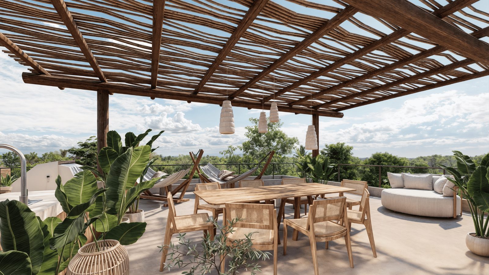 Alba Nueva rooftop dining under the pergola