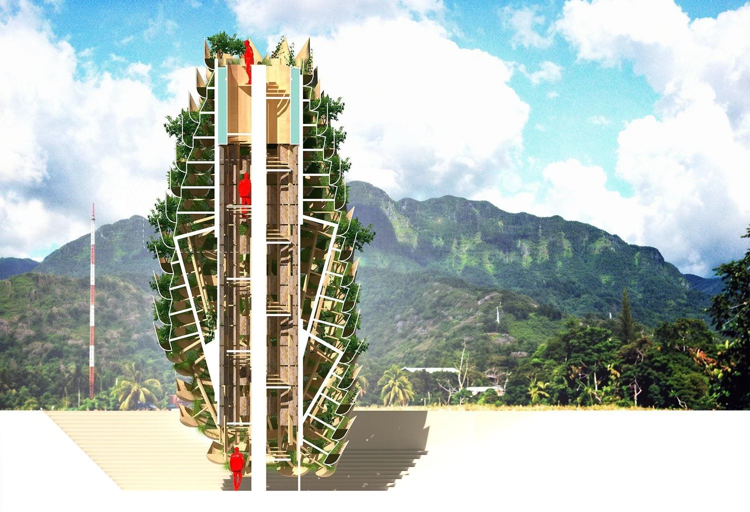 Pabellón de la Torre de Jengibre Piña rodeado de vegetación tropical