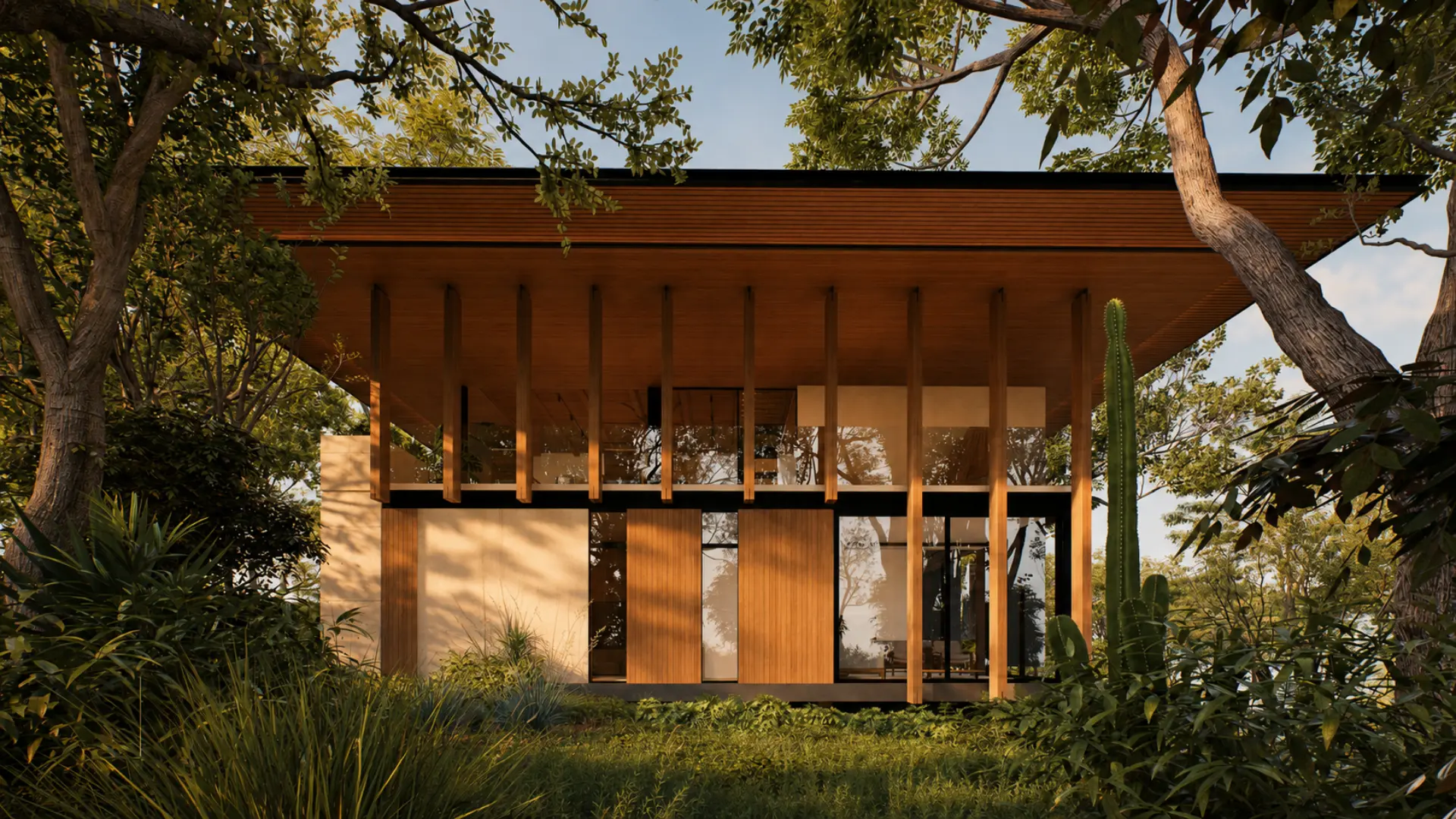 Casa Iki exterior in the Blanc palette, glass and shade among the trees