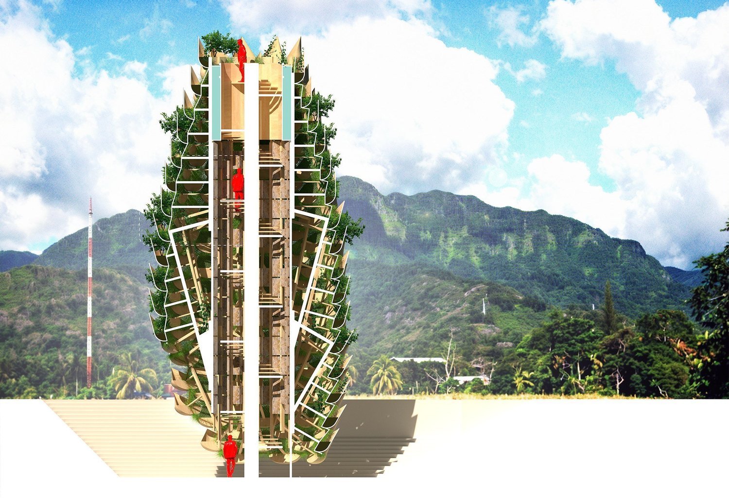 Pabellón de la Torre de Jengibre Piña rodeado de vegetación tropical