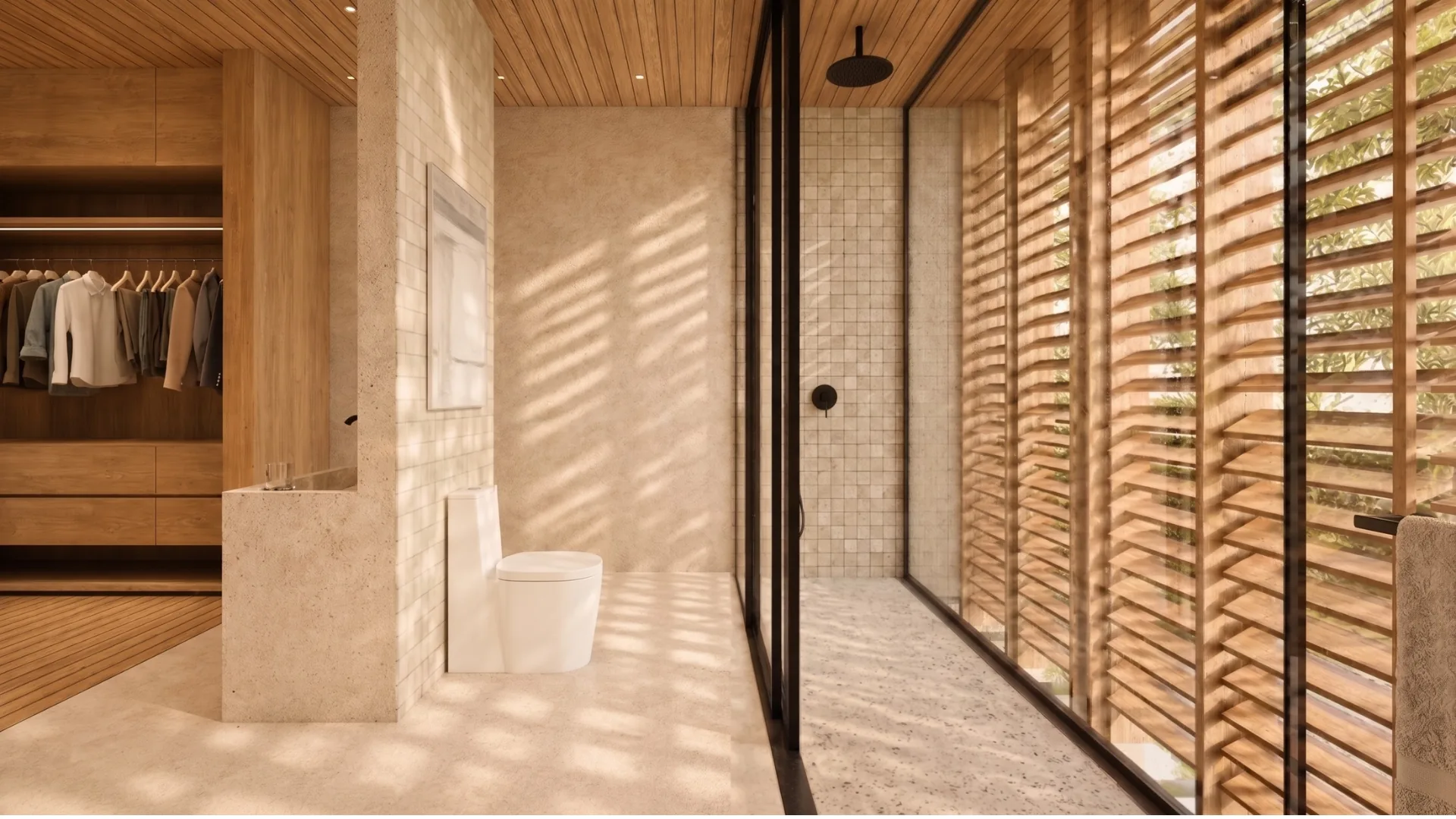 Casa Iki main bath with glass shower and louvers