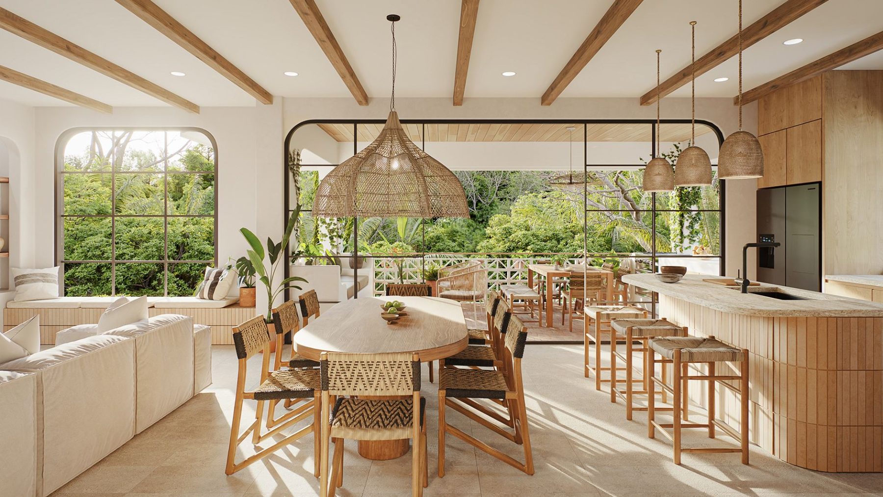 Villa Luma living room with steel-frame glass opening to the terrace