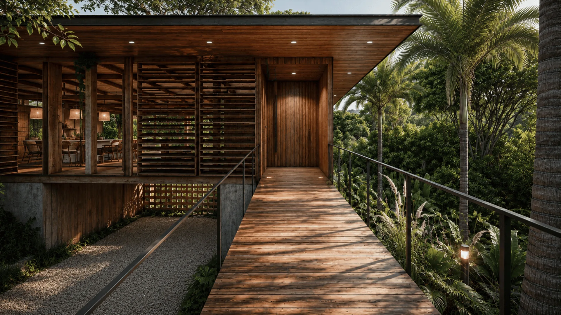 Jardín Eterno entrance with slatted teak walls and an elevated walkway
