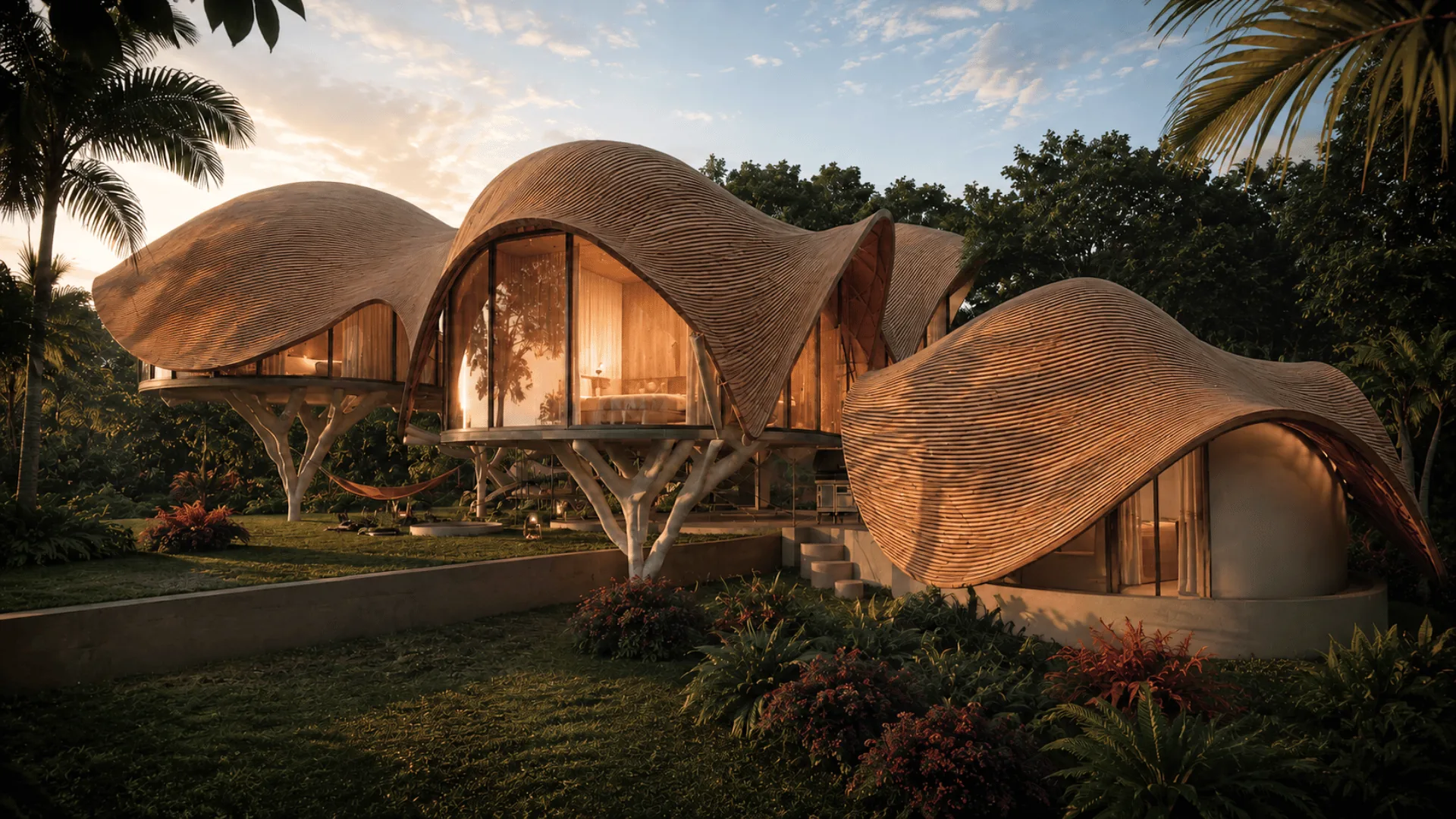 Flor de Vida elevated pods at dusk, lifted on white tree-like pillars