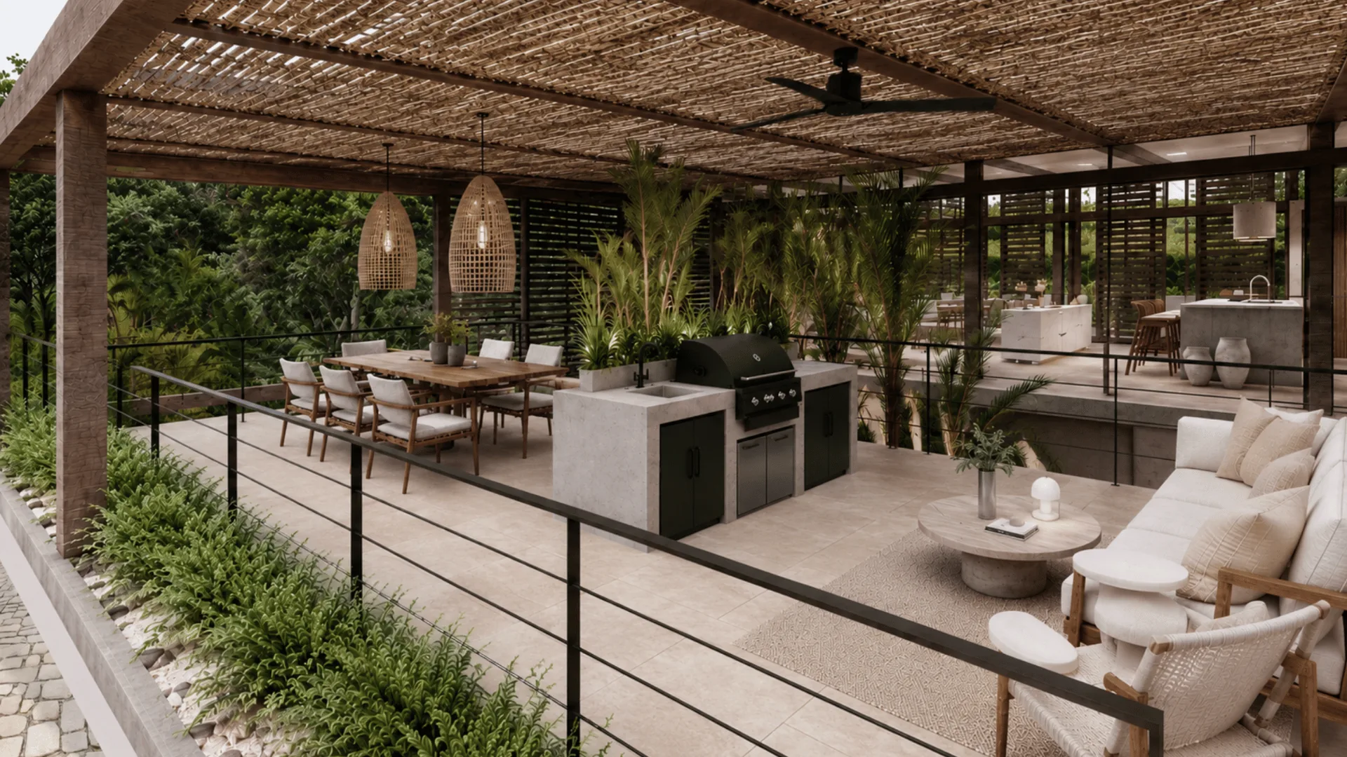 Jardín Eterno covered terrace with outdoor kitchen and dining