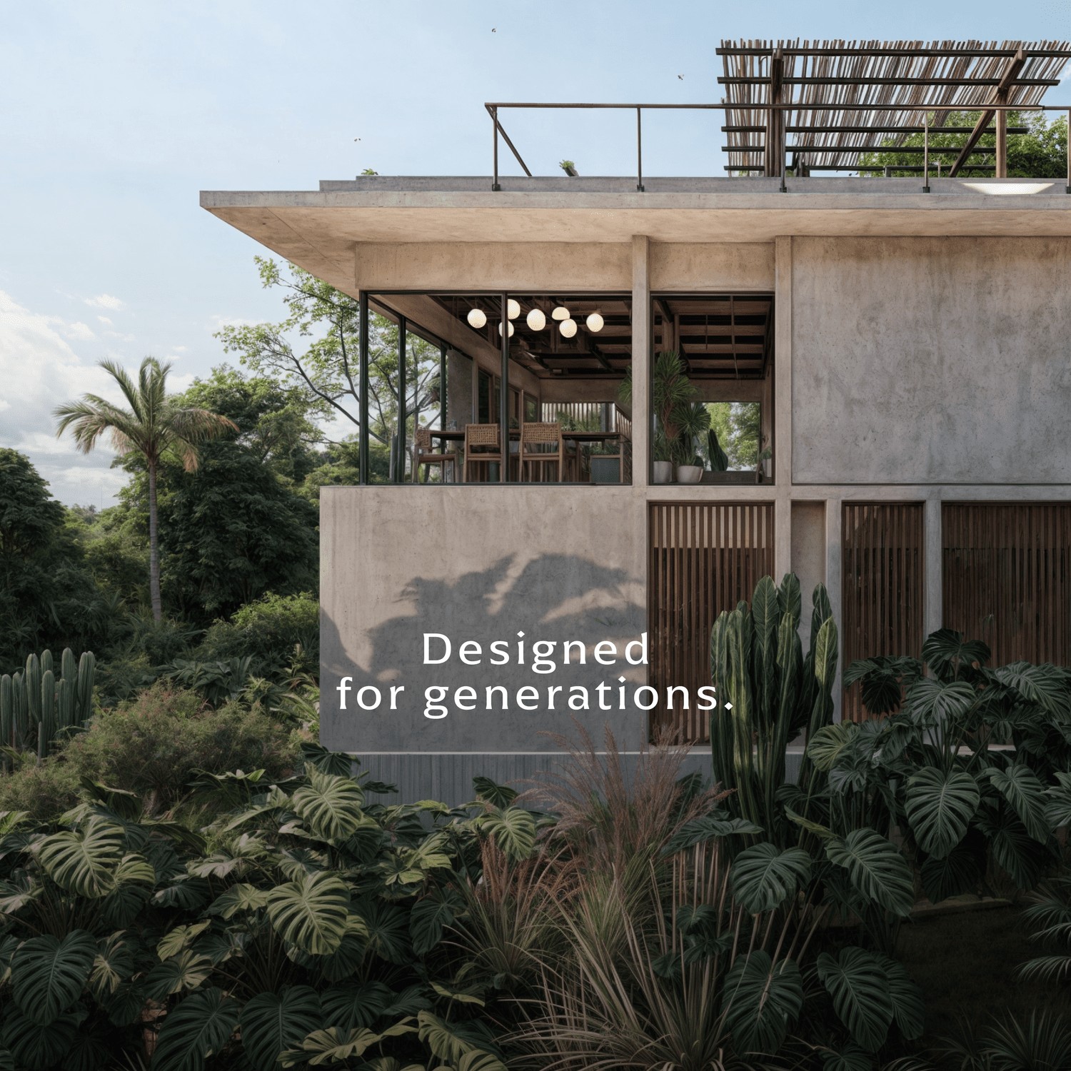 Modern home surrounded by tropical plants