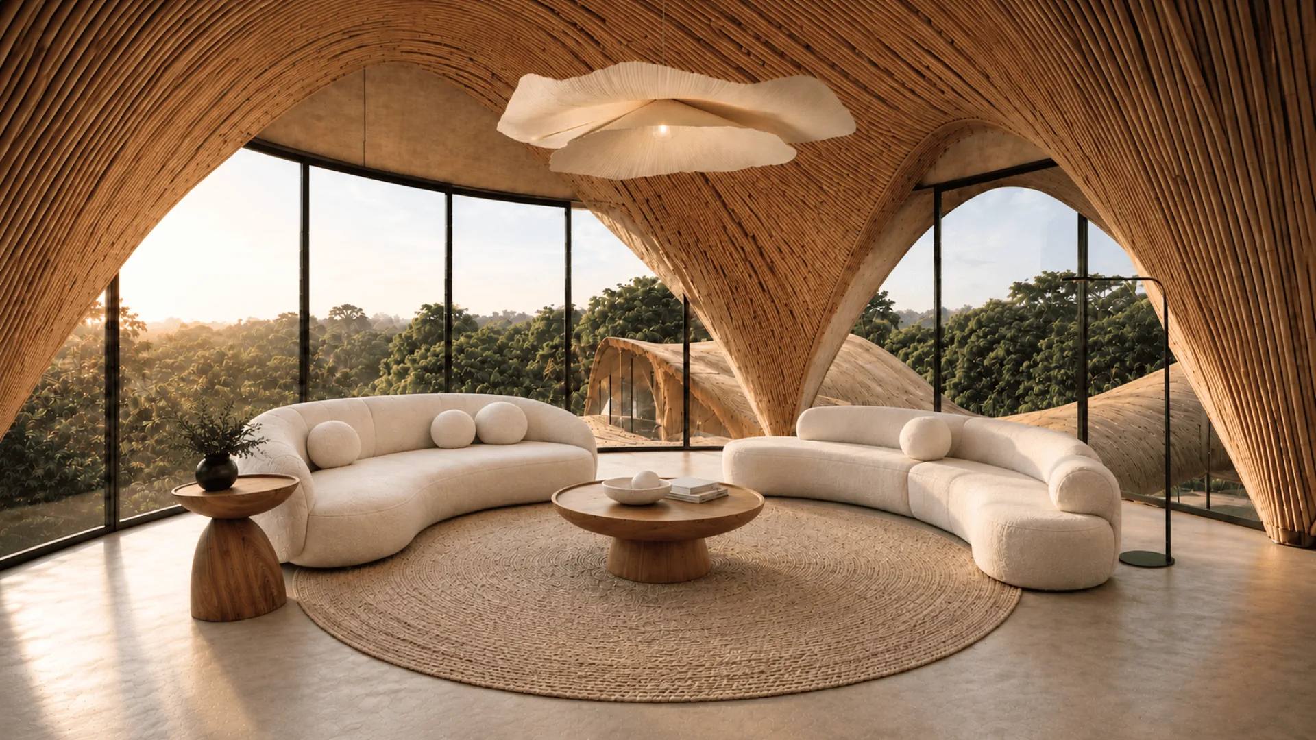 Flor de Vida living room with curved sofas and a sweeping glass wall
