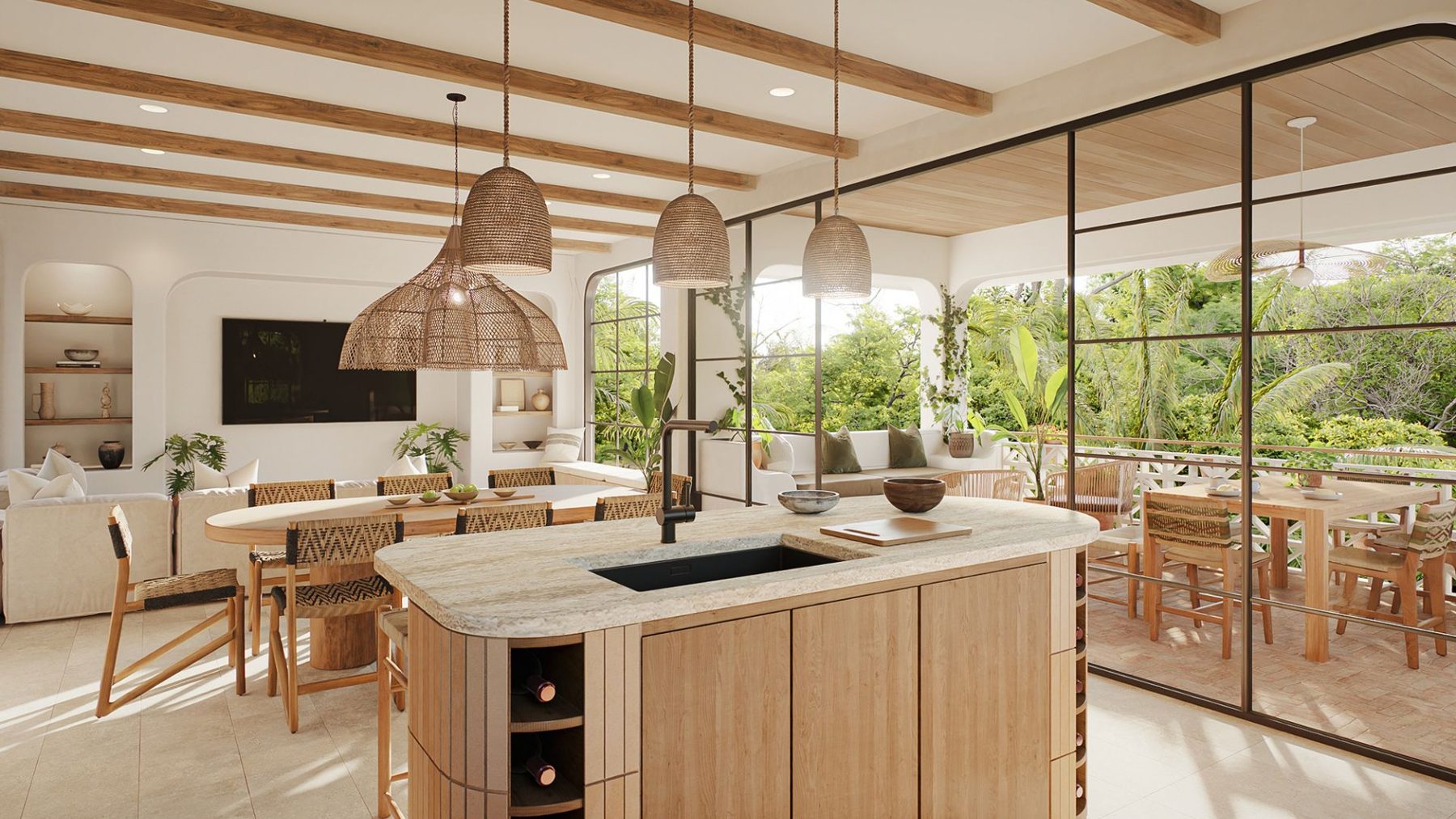Villa Luma kitchen opening onto the living and dining volume