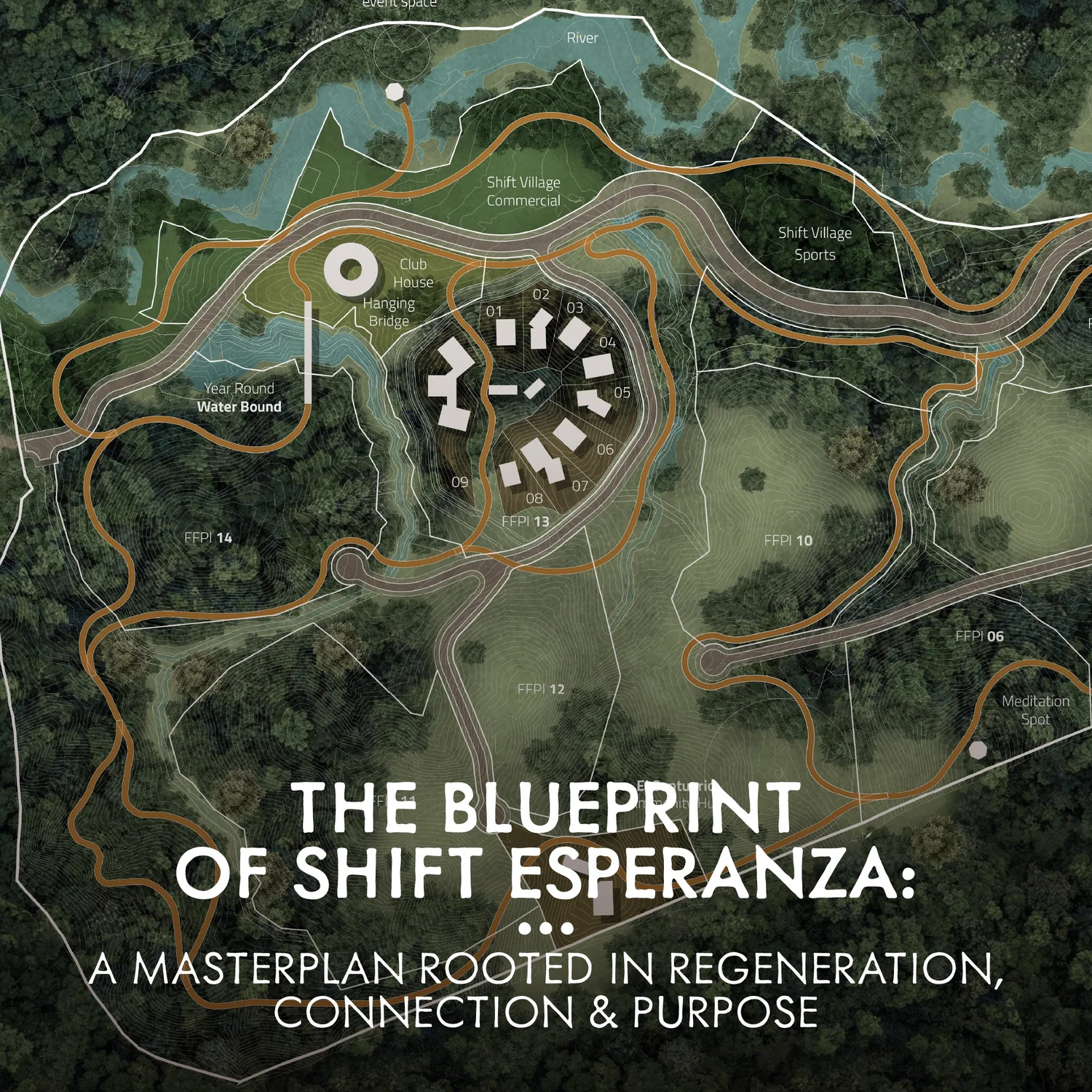 Masterplan map of Shift Esperanza with trails winding through the forest