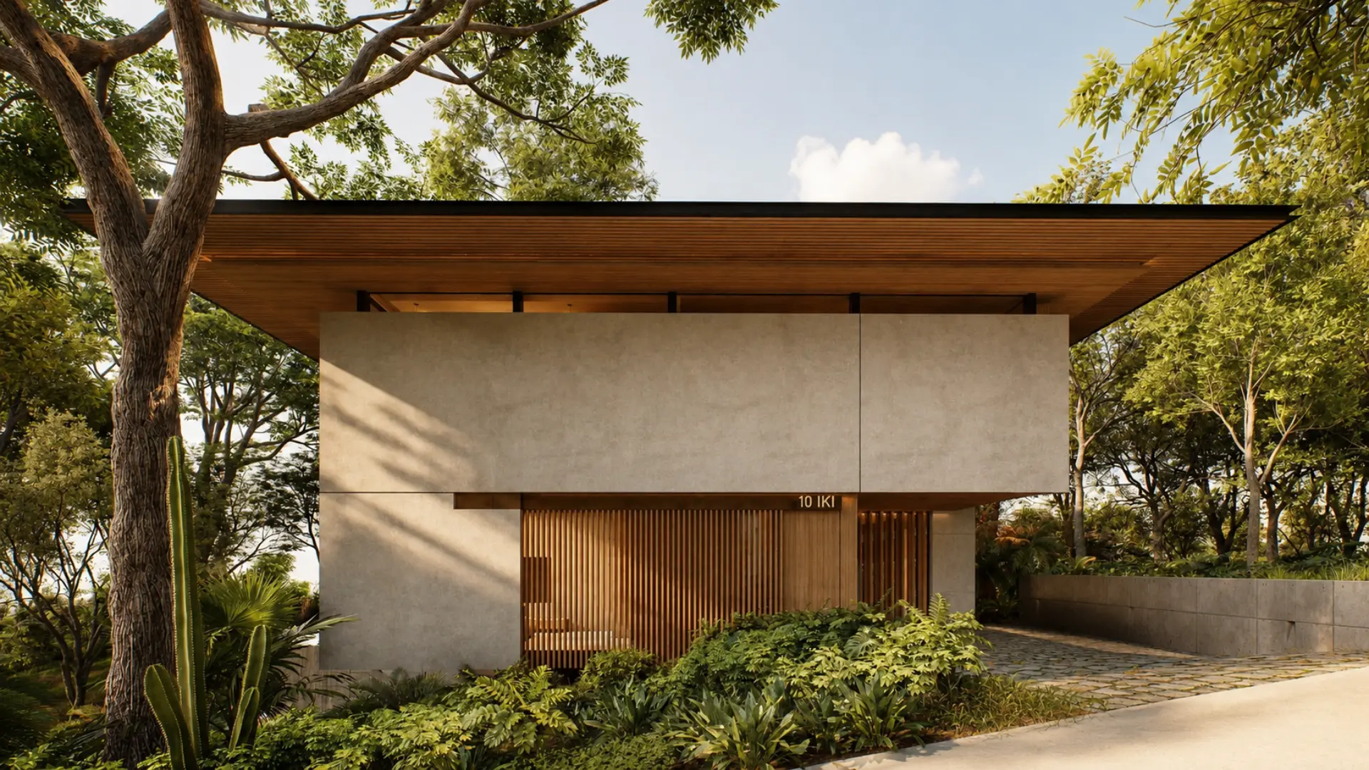 Casa Iki exterior in the Blanc palette, street approach with slatted entry