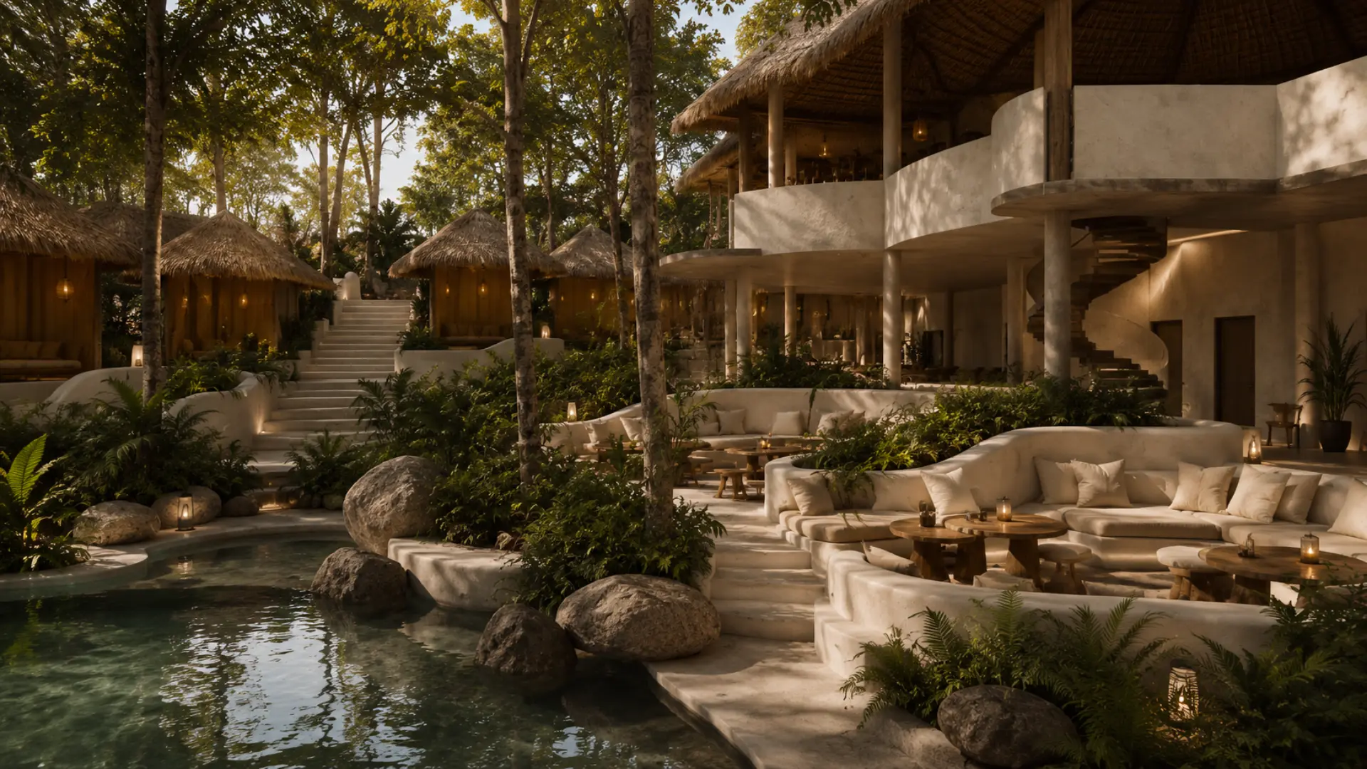 Piscina y lounge al aire libre de La Colmena en la hora dorada
