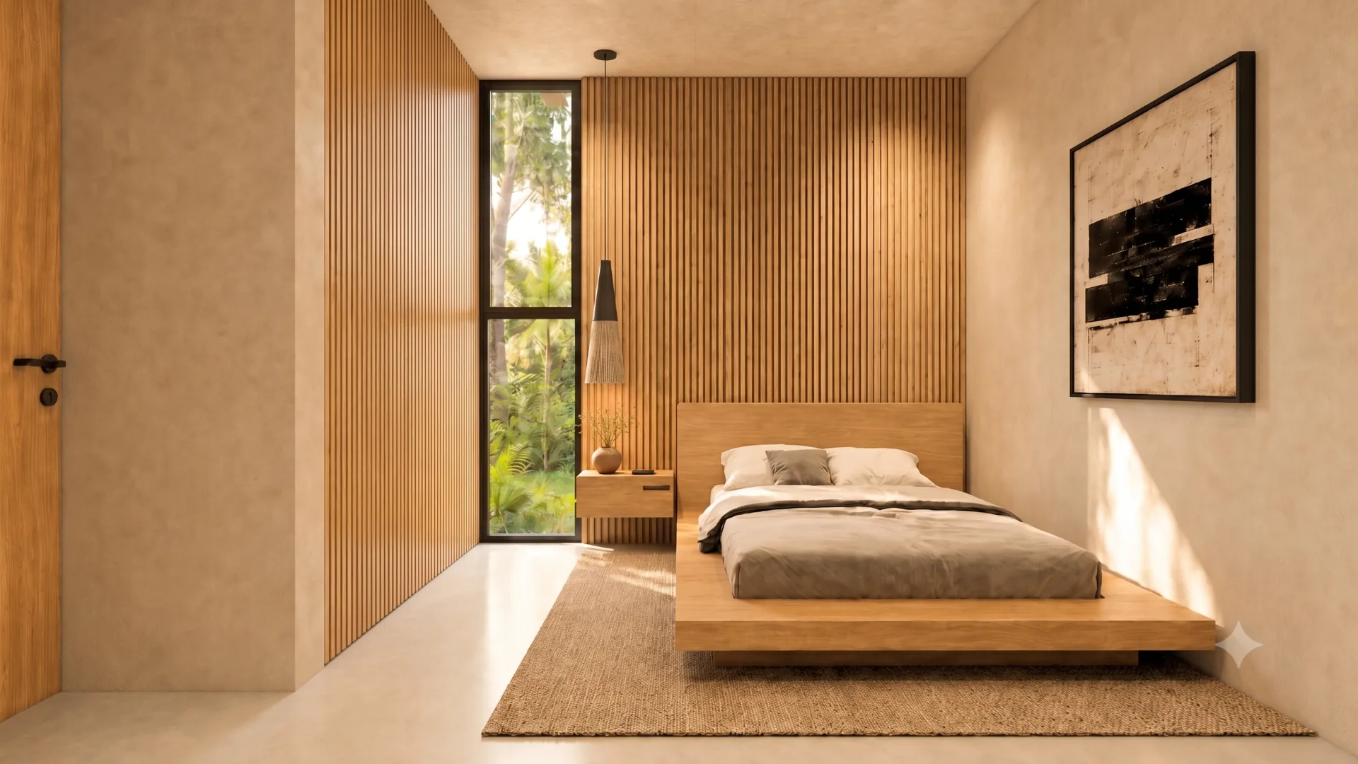 Casa Iki guest bedroom with slatted headboard wall