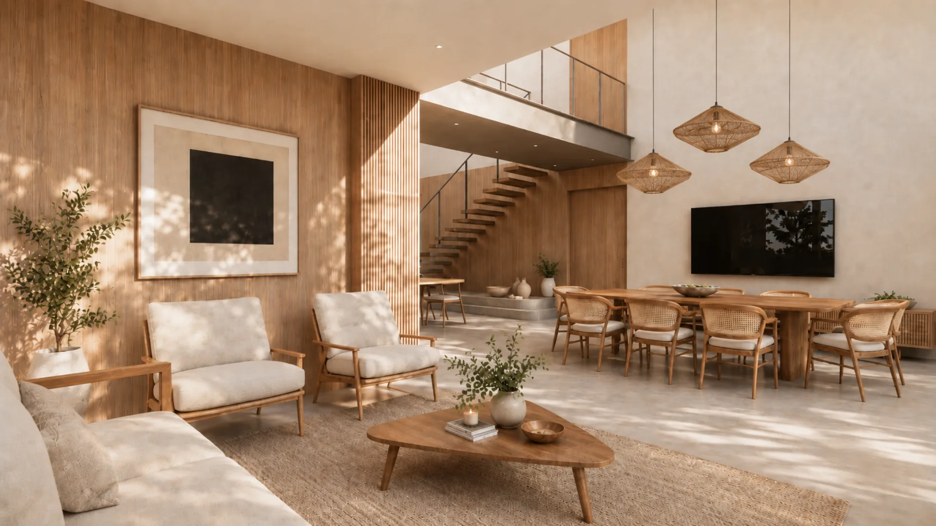 Casa Iki living room with mid-century chairs and wood-slat walls
