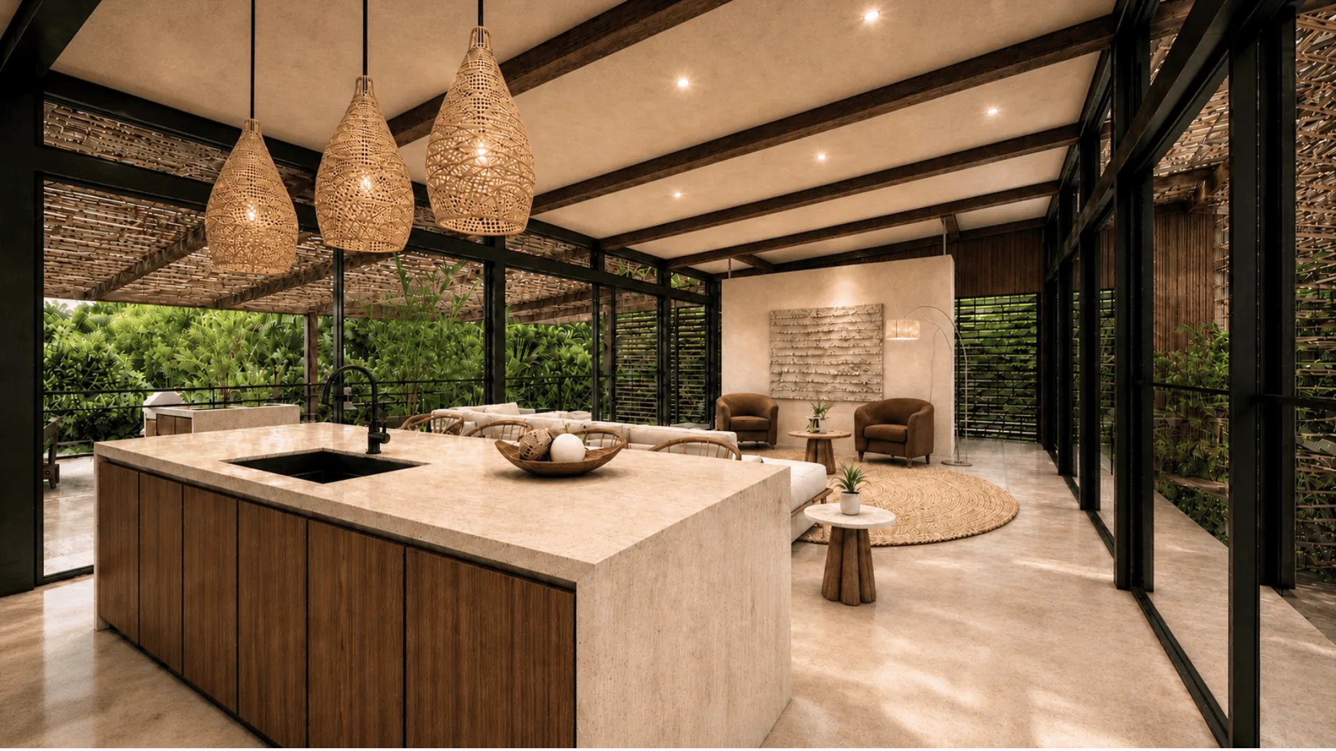 Jardín Eterno open-concept living and kitchen under high ceilings