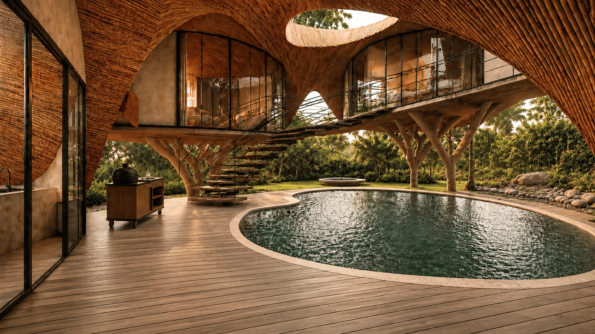 Flor de Vida courtyard with a curved biopool and wooden deck