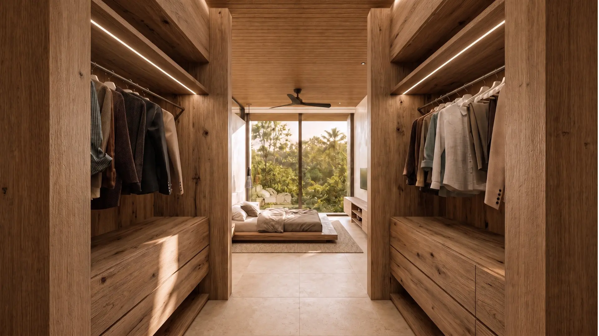 Casa Iki bedroom looking through the walk-in closet joinery