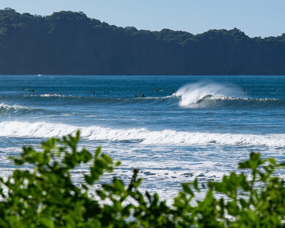 Surfers in the water off Playa Guiones in Nosara