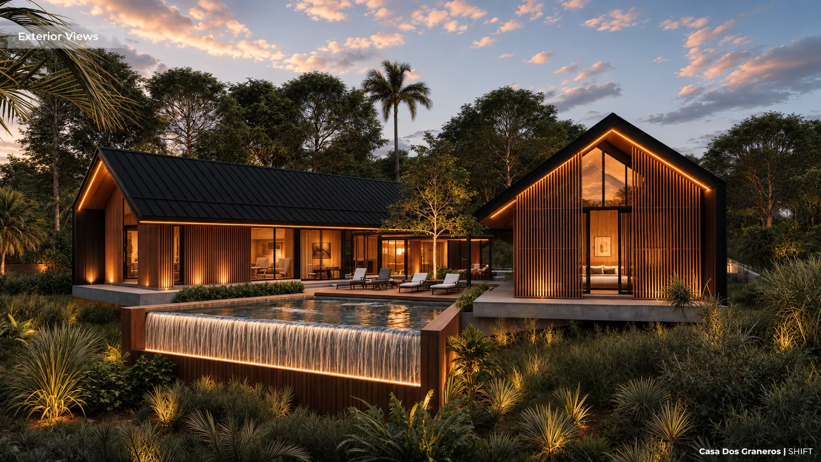 Exterior de Casa Dos Graneros con piscina infinita al atardecer