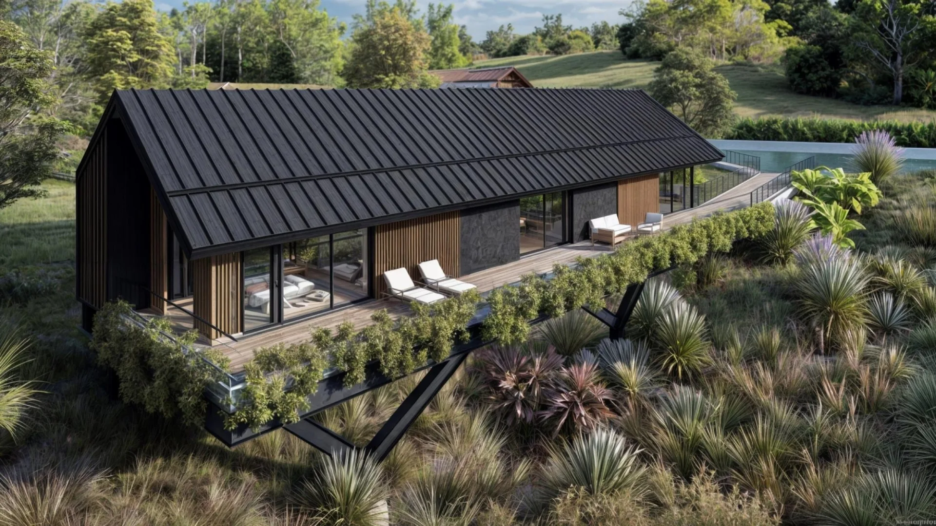 Aerial view of Arroyo Escondido and its wraparound planted deck