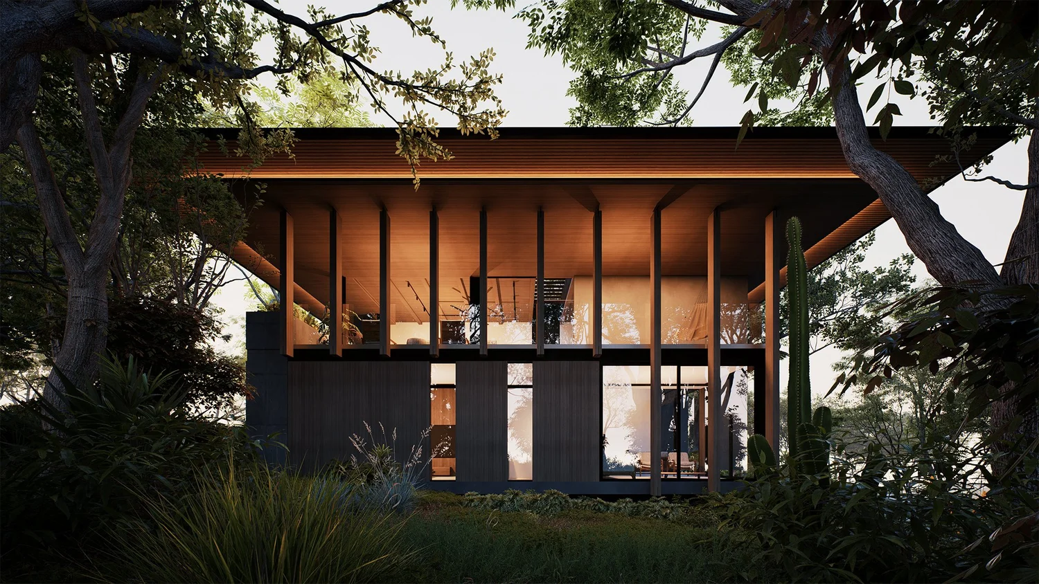 Exterior de una casa diseñada entre los árboles de Shift Esperanza