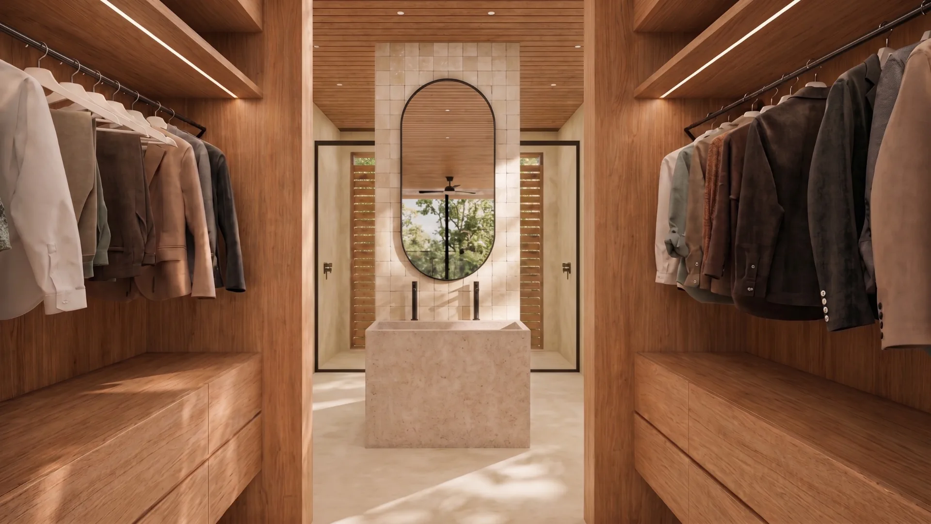Casa Iki walk-in closet with joinery and oval mirror