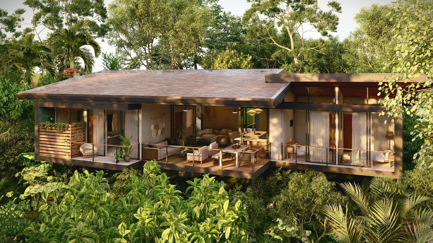 Exterior de una casa rodeada de plantas tropicales