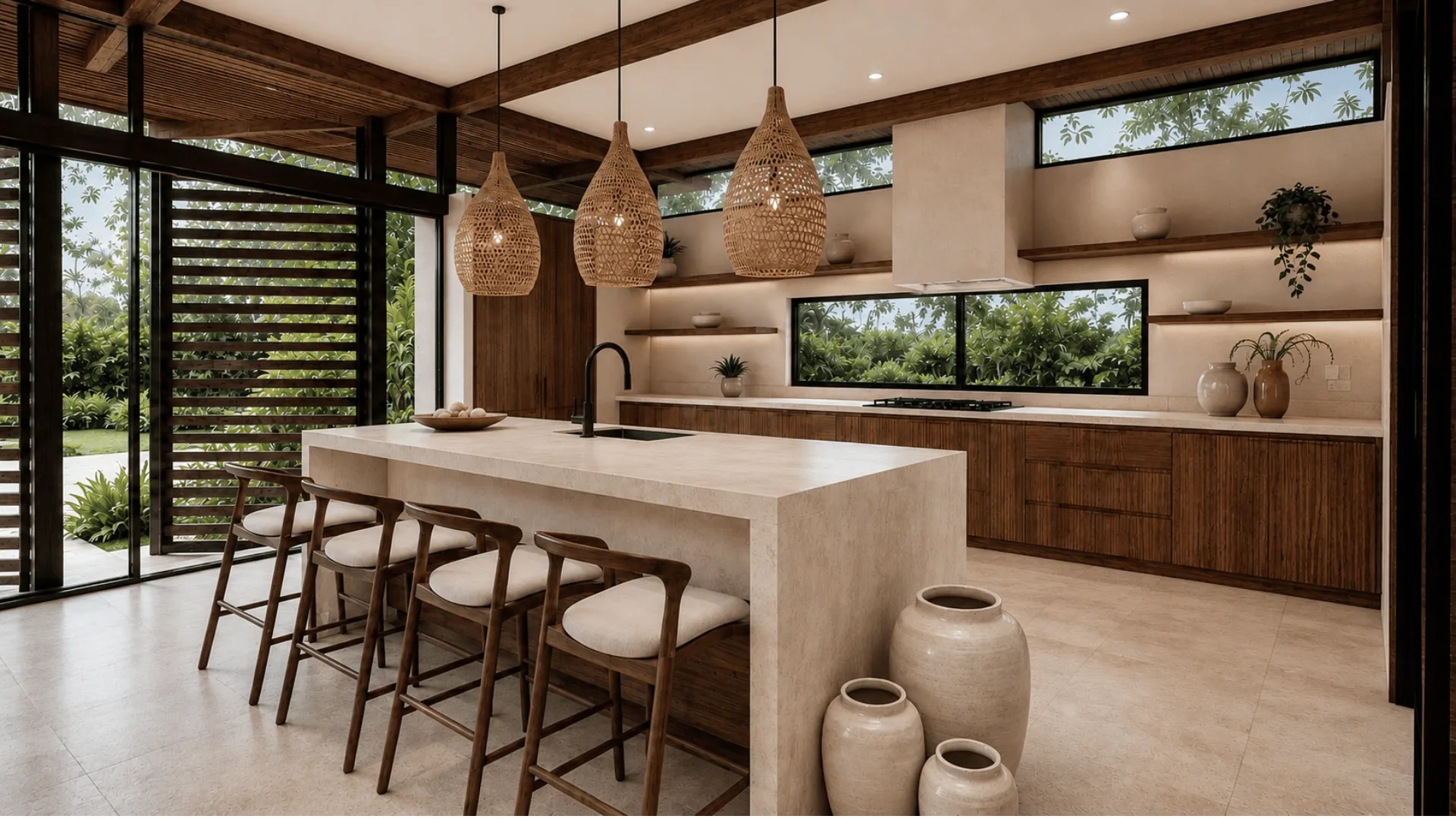 Jardín Eterno kitchen with a central island and woven pendants