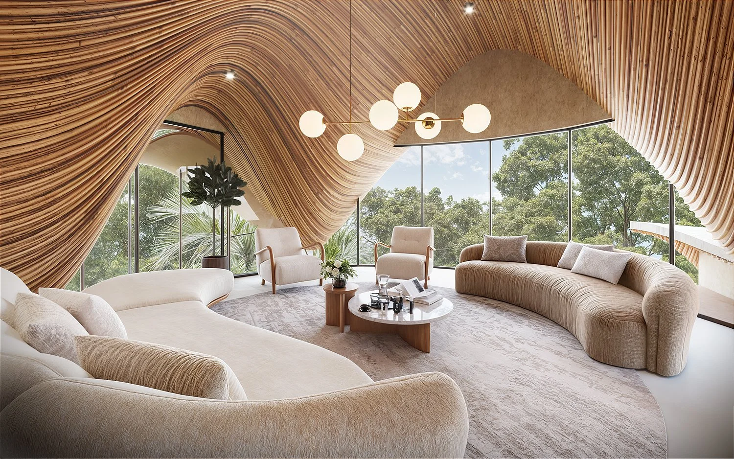 Open living room with a curved wooden ceiling