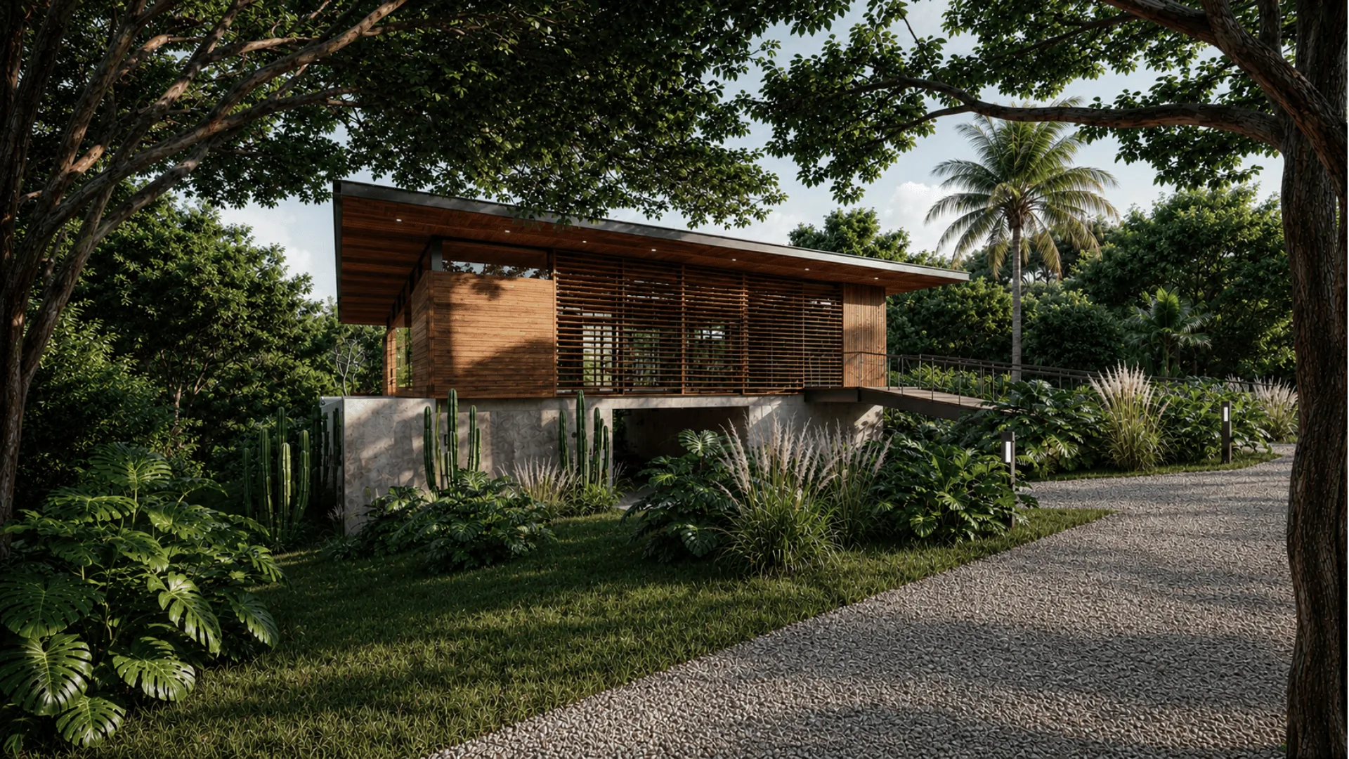 Jardín Eterno exterior in wood and concrete, set into dense equatorial greenery
