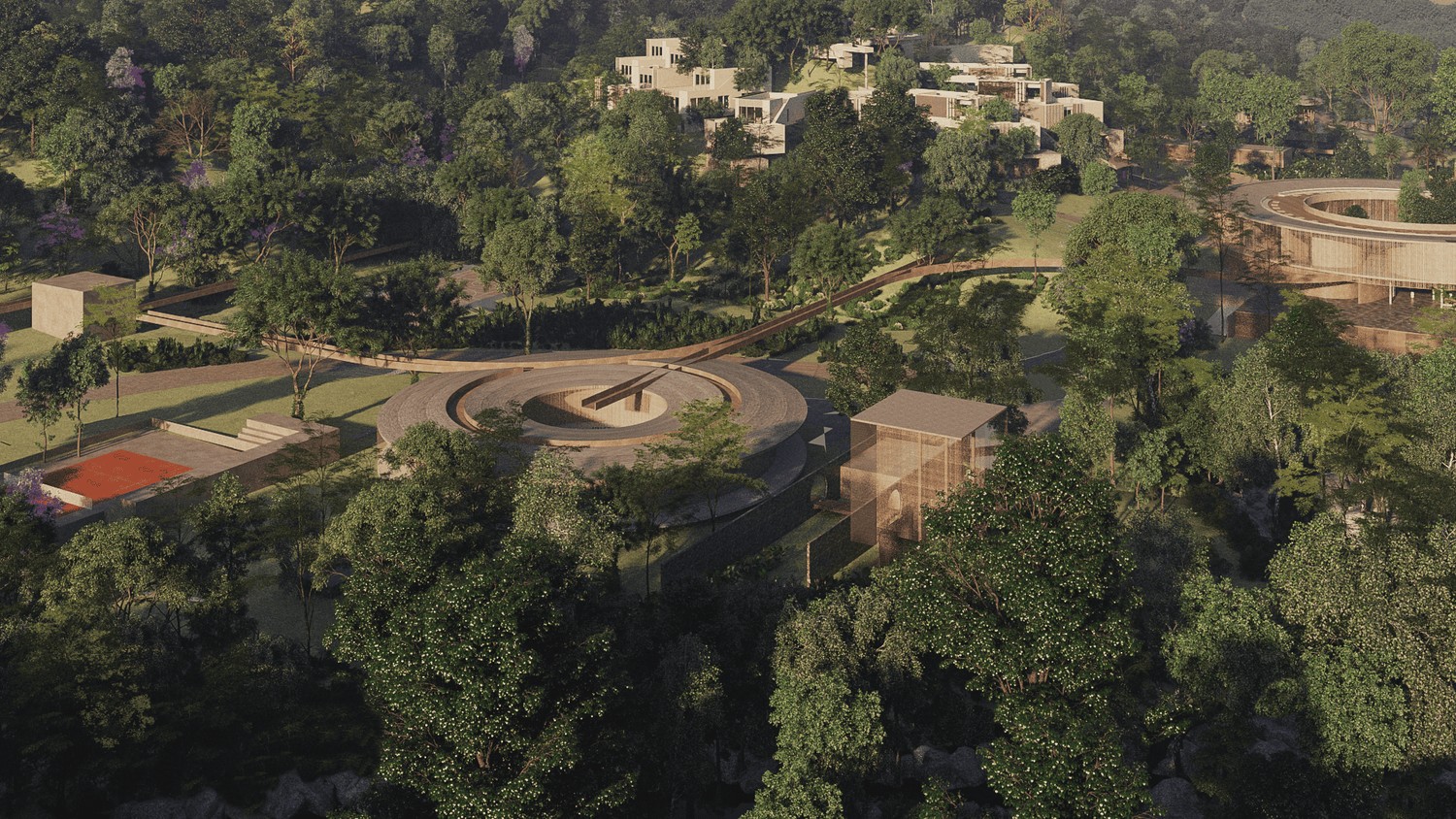Sports pavilion surrounded by tropical forest