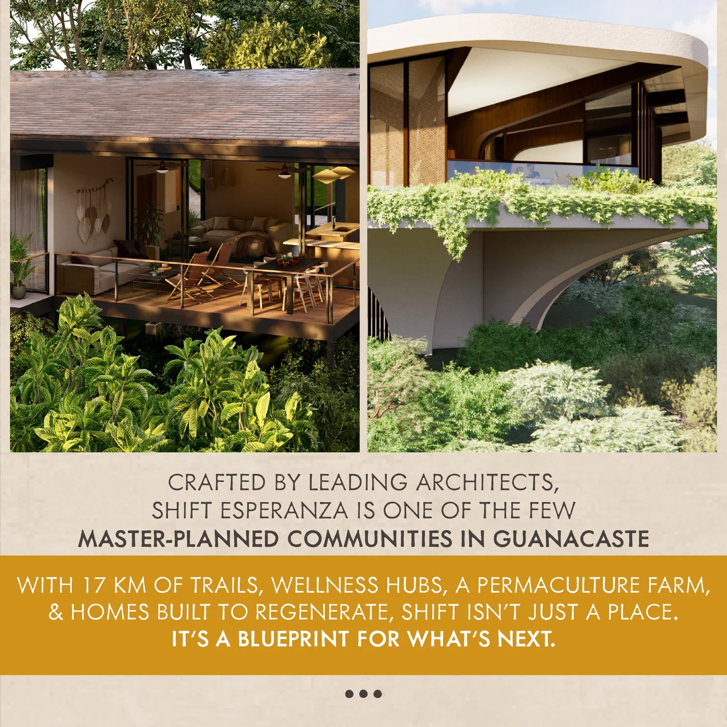 Renderings of Shift Esperanza homes surrounded by tropical greenery