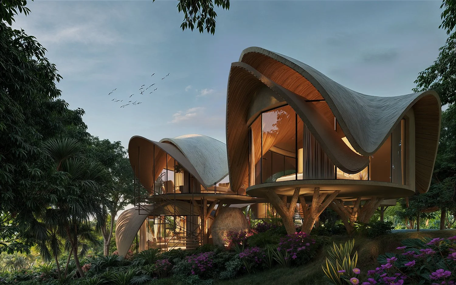 Elevated home with curved roofs among tropical trees