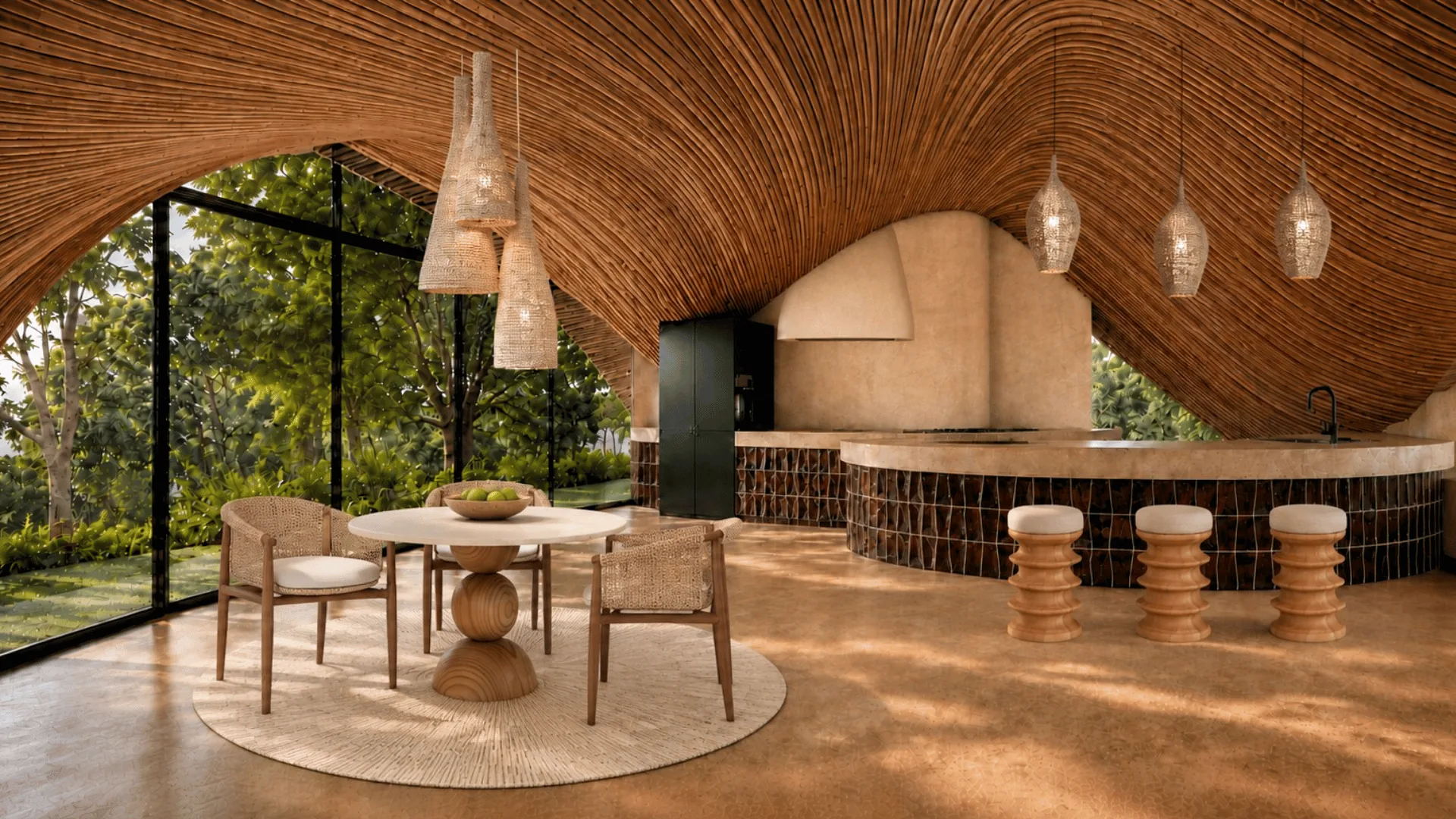 Flor de Vida kitchen with a circular island under bamboo ceilings